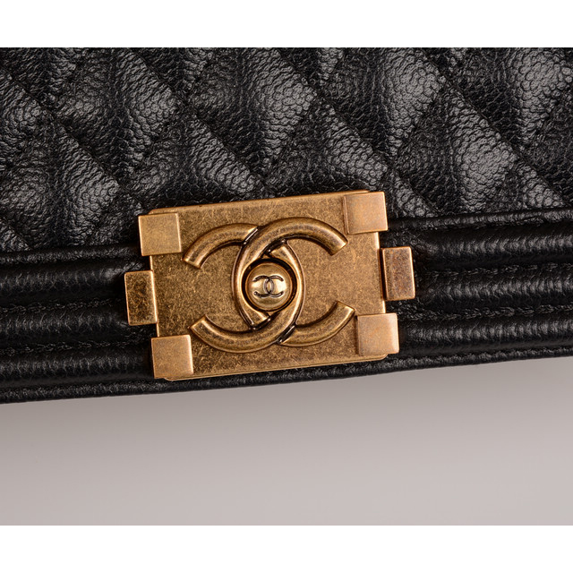 Boy Chanel Flap Shoulder Bag Original Caviar leather A67086 Black in Gold