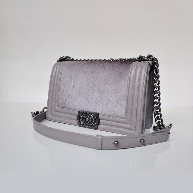 Boy Chanel Flap Shoulder Bag Sheepskin Leather with Horsehair A67759 Gray