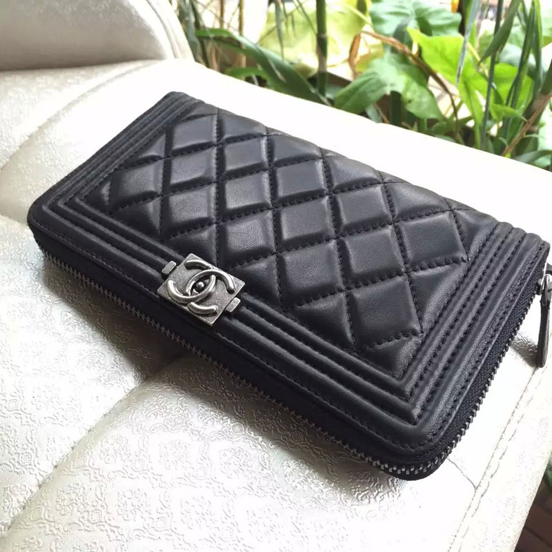 Boy Chanel Matelasse Original Sheepskin leather Zippy Wallet A80288 Black