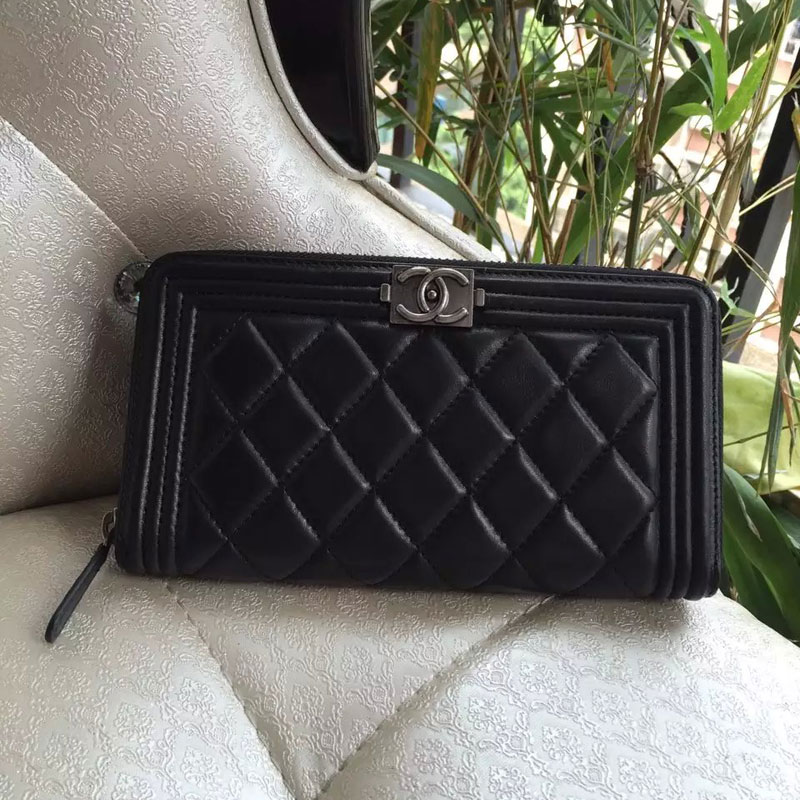 Boy Chanel Matelasse Original Sheepskin leather Zippy Wallet A80288 Black