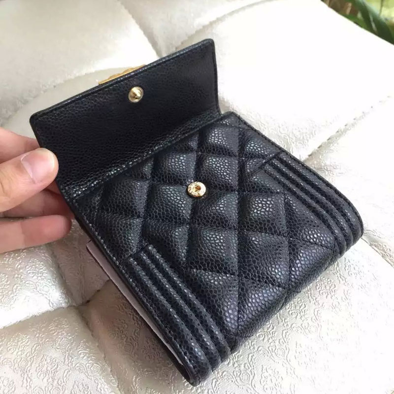 Boy Chanel Matelasse Tri-Fold Wallet Original Caviar Leather A80107 Black