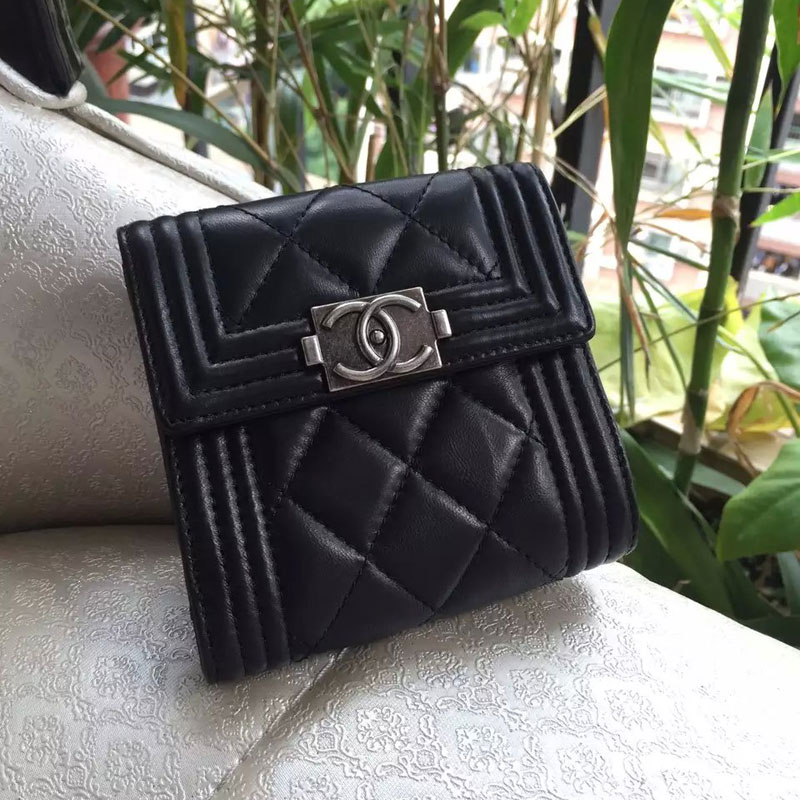 Boy Chanel Matelasse Tri-Fold Wallet Original Sheepskin Leather A80107 Black