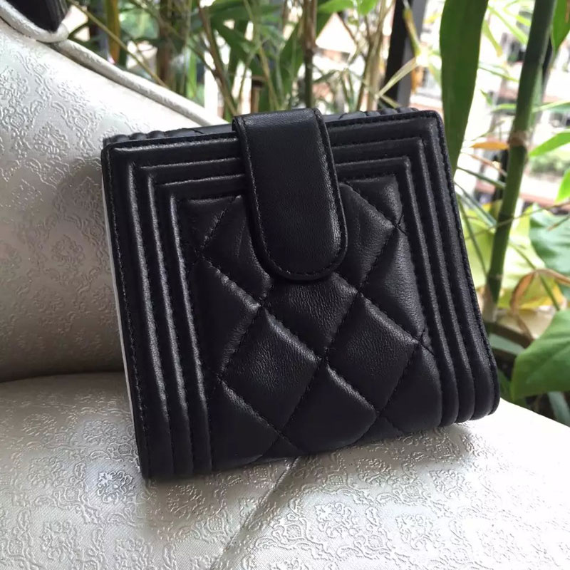 Boy Chanel Matelasse Tri-Fold Wallet Original Sheepskin Leather A80107 Black