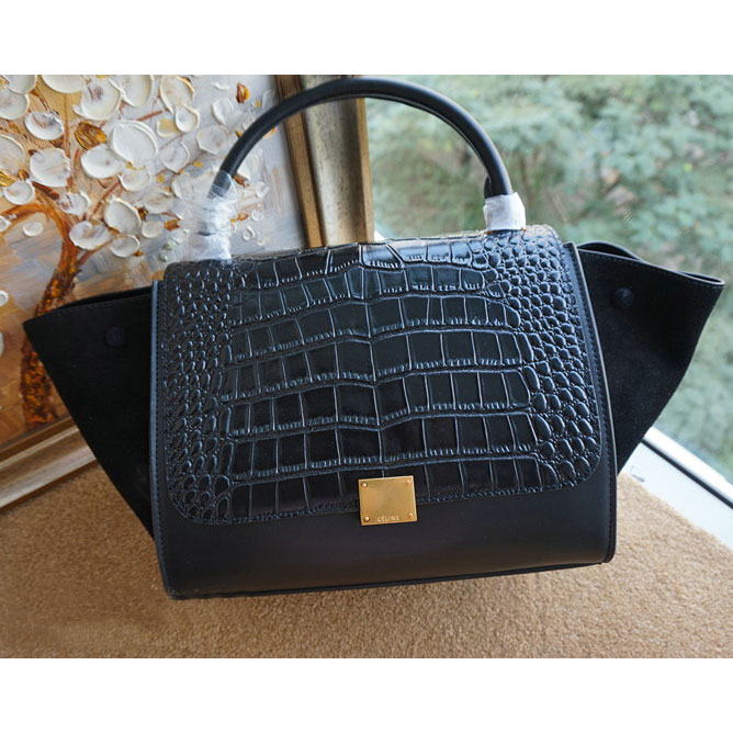 Celine Trapeze Bag Croco Ferrari Suede Leather C6608 Black