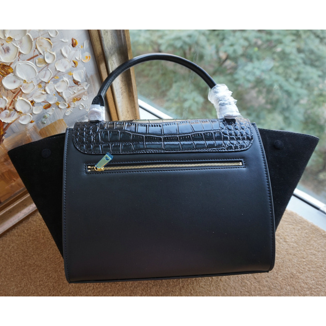 Celine Trapeze Bag Croco Ferrari Suede Leather C6608 Black