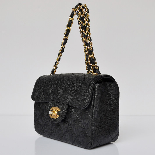 Chanel 1115 mini Classic Flap Bag Caviar Leather Black in Gold