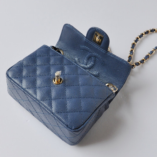 Chanel 1115 mini Classic Flap Bag Caviar Leather Blue in Gold