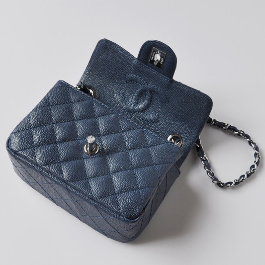 Chanel 1115 mini Classic Flap Bag Caviar Leather Blue in Silver