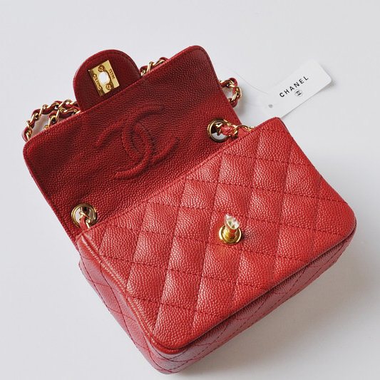 Chanel 1115 mini Classic Flap Bag Caviar Leather Red in Gold