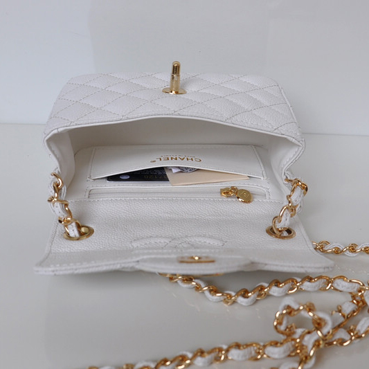 Chanel 1115 mini Classic Flap Bag Caviar Leather white in Gold