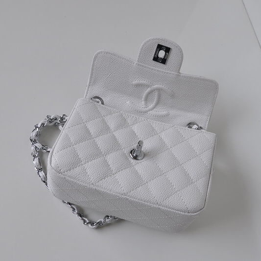 Chanel 1115 mini Classic Flap Bag Caviar Leather white in Silver