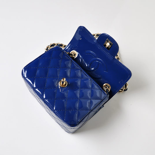 Chanel 1115 mini Classic Flap Bag Patent Leather Blue in Gold