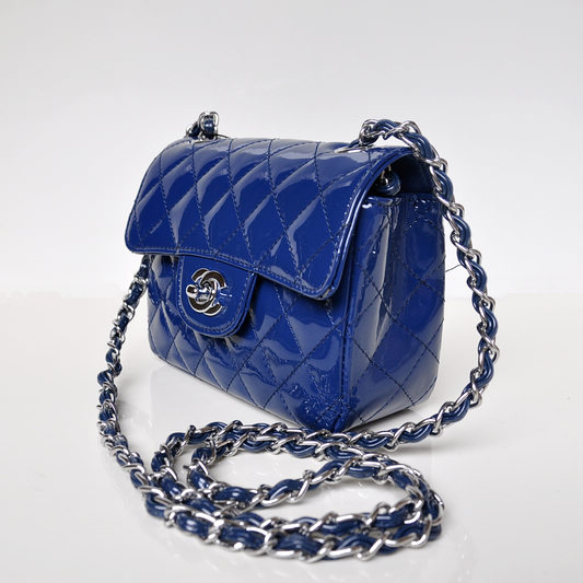 Chanel 1115 mini Classic Flap Bag Patent Leather Blue in Silver