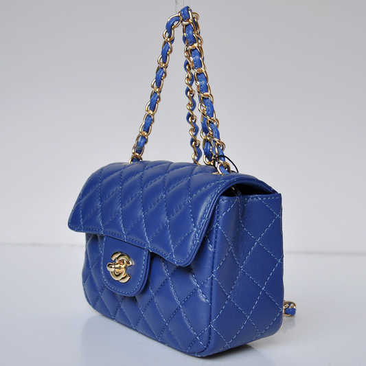 Chanel 1115 mini Classic Flap Bag Sheepskin Leather Blue in Gold