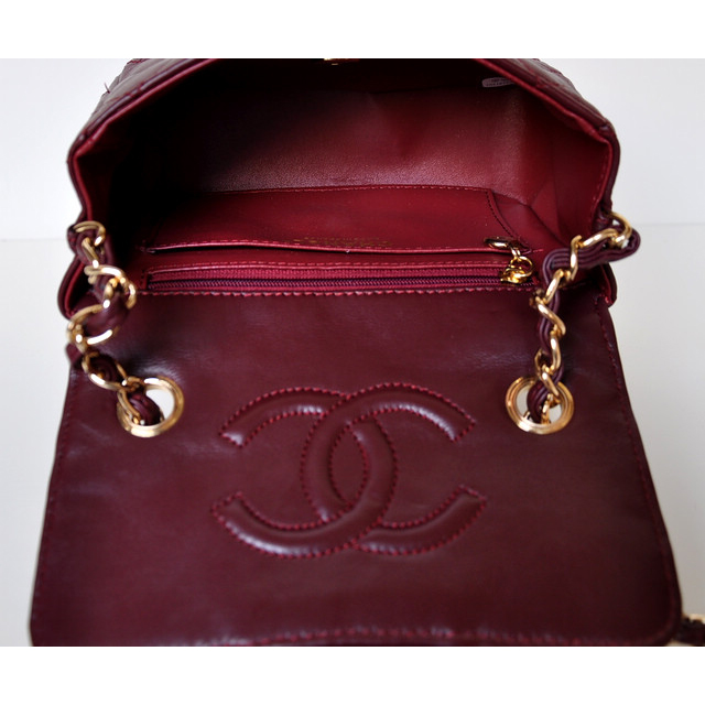 Chanel 1115 mini Classic Flap Bag Sheepskin Leather Claret in Gold