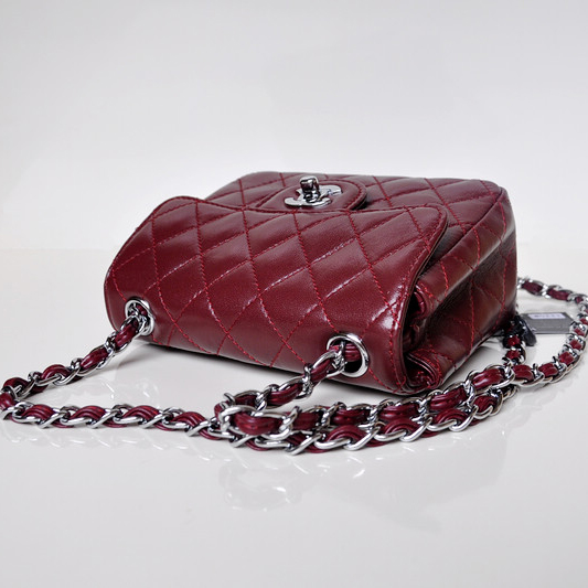 Chanel 1115 mini Classic Flap Bag Sheepskin Leather Claret in Silver