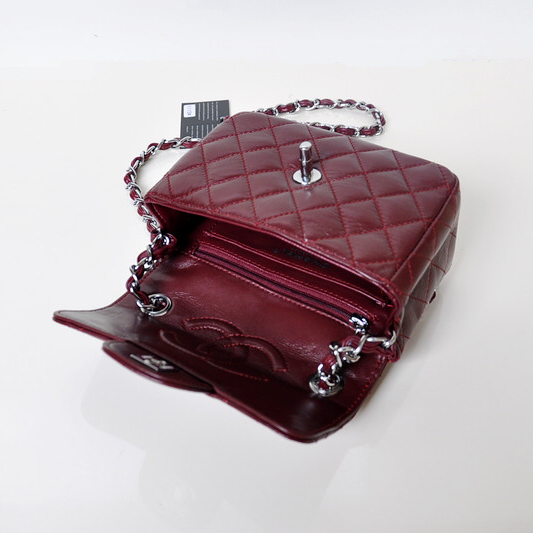 Chanel 1115 mini Classic Flap Bag Sheepskin Leather Claret in Silver