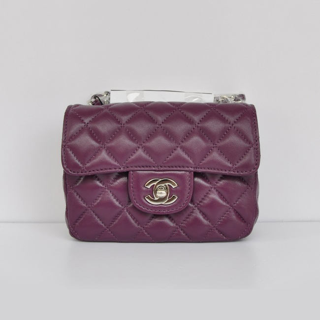 Chanel 1115 mini Classic Flap Bag Sheepskin Leather Purple in Silver