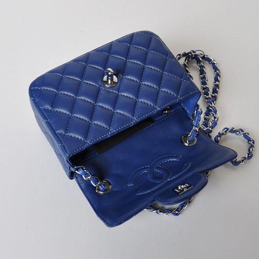 Chanel 1115 mini Classic Flap Bag Sheepskin Leather blue in Silver