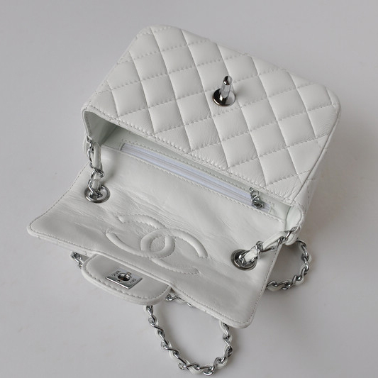 Chanel 1115 mini Classic Flap Bag Sheepskin Leather white in Silver