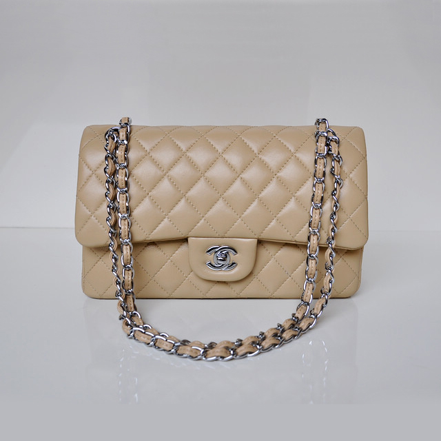 Chanel 2.55 Classic Flap Bag Sheepskin Leather in Apricot with Silver Hardware