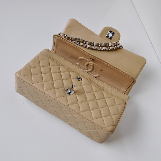 Chanel 2.55 Classic Flap Bag Sheepskin Leather in Apricot with Silver Hardware