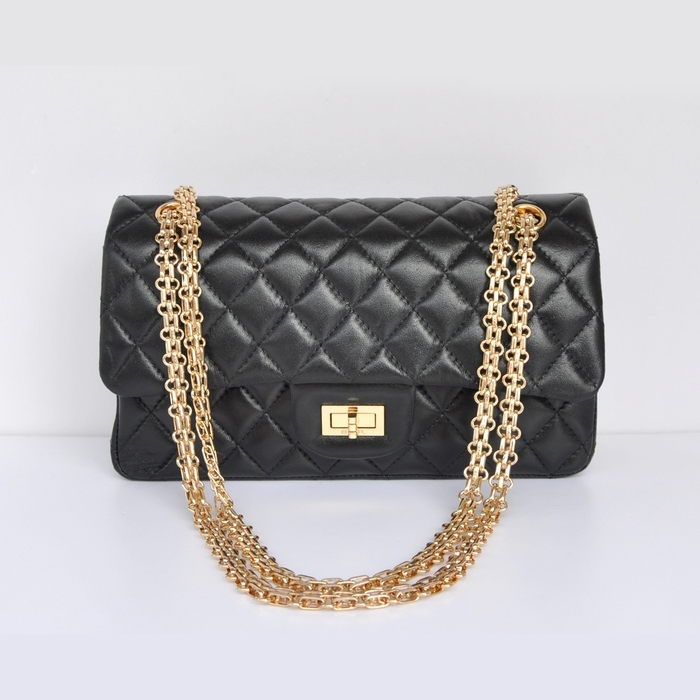 Chanel 2.55 Classic Flap Bag Sheepskin Leather in Black with Gold Hardware