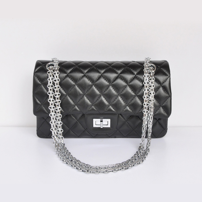 Chanel 2.55 Classic Flap Bag Sheepskin Leather in Black with Silver Hardware