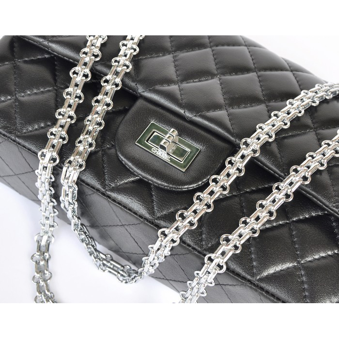 Chanel 2.55 Classic Flap Bag Sheepskin Leather in Black with Silver Hardware