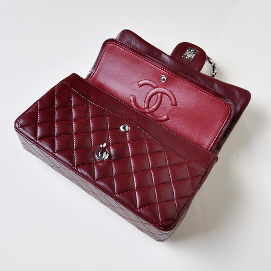 Chanel 2.55 Classic Flap Bag Sheepskin Leather in Claret with Silver Hardware