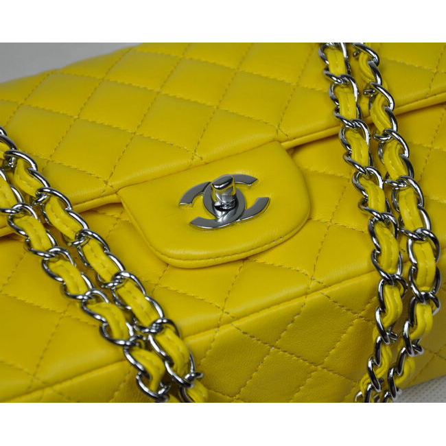 Chanel 2.55 Classic Flap Bag Sheepskin Leather in Lemon with Silver Hardware