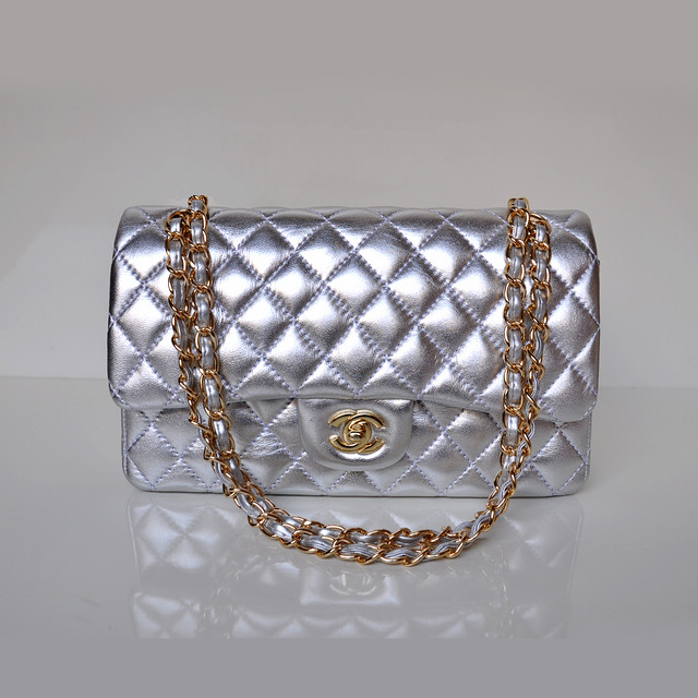 Chanel 2.55 Classic Flap Bag Sheepskin Leather in Silver with Gold Hardware