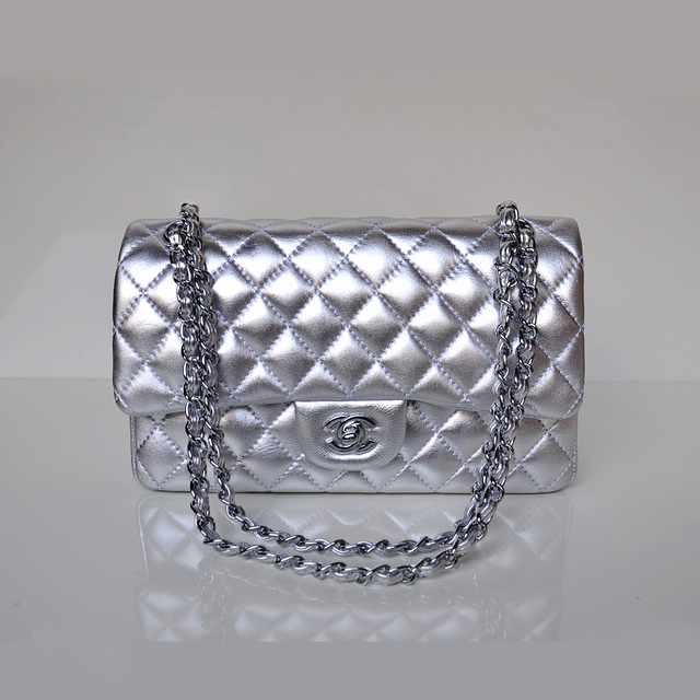 Chanel 2.55 Classic Flap Bag Sheepskin Leather in Silver with Silver Hardware