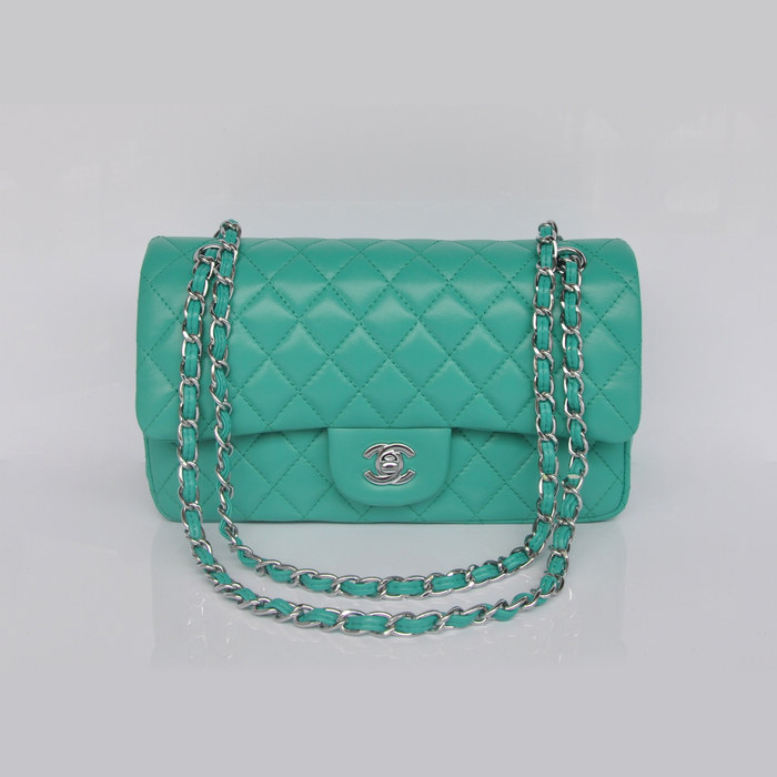 Chanel 2.55 Classic Flap Bag lake Green Sheepskin Leather Silver