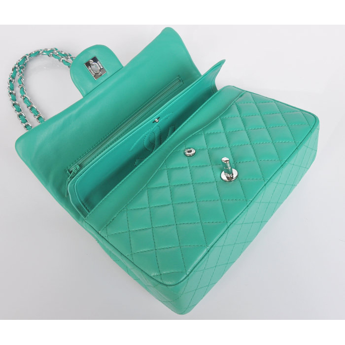 Chanel 2.55 Classic Flap Bag lake Green Sheepskin Leather Silver