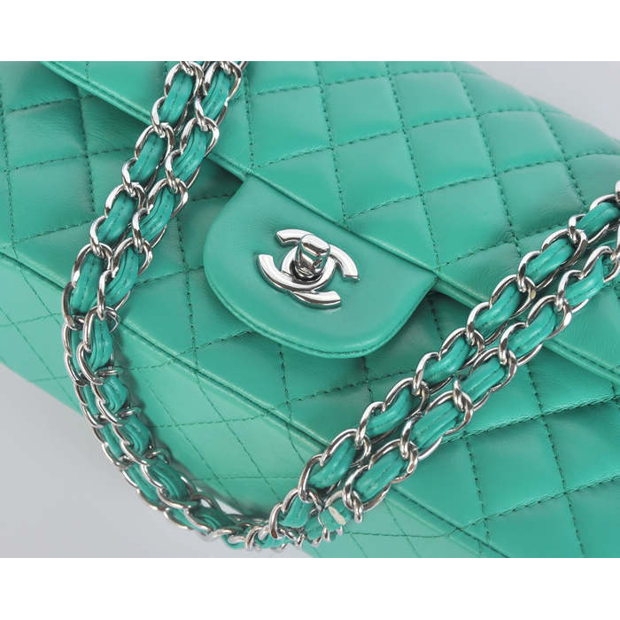 Chanel 2.55 Classic Flap Bag lake Green Sheepskin Leather Silver