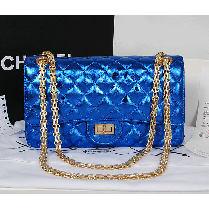 Chanel 2.55 Series Classic Flap Bag 1112 Blue Shiny Gold