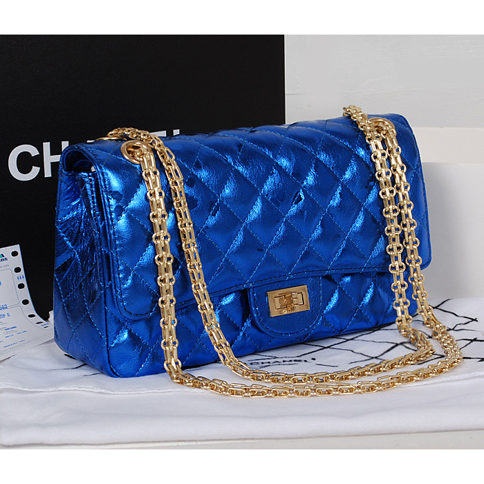 Chanel 2.55 Series Classic Flap Bag 1112 Blue Shiny Gold