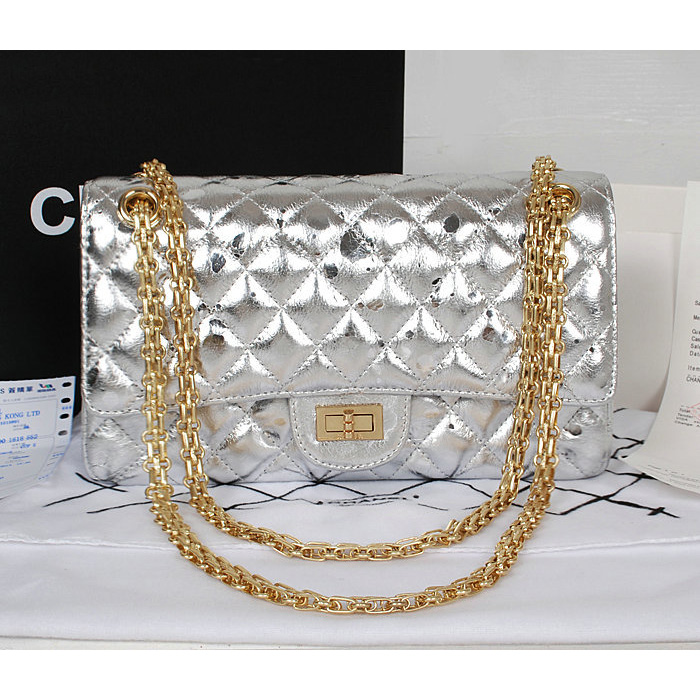 Chanel 2.55 Series Classic Flap Bag 1112 Silver Shiny Gold