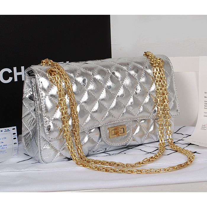 Chanel 2.55 Series Classic Flap Bag 1112 Silver Shiny Gold