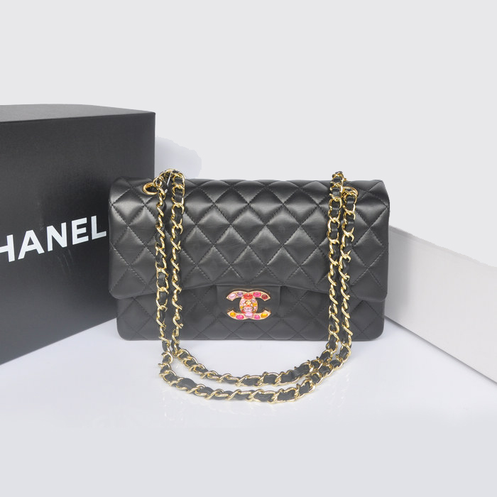 Chanel A1112 Flap Bag Sheepskin Leather Black in Gold