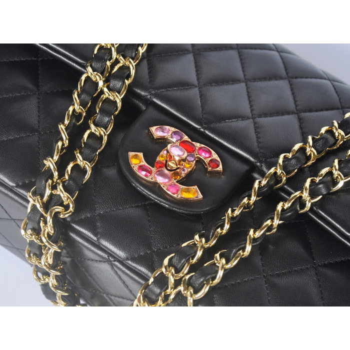 Chanel A1112 Flap Bag Sheepskin Leather Black in Gold