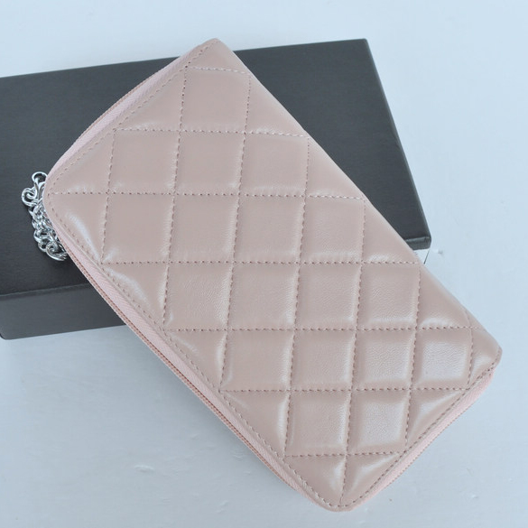 Chanel A169 Combon Sheepskin Zip Around Wallet pink&black