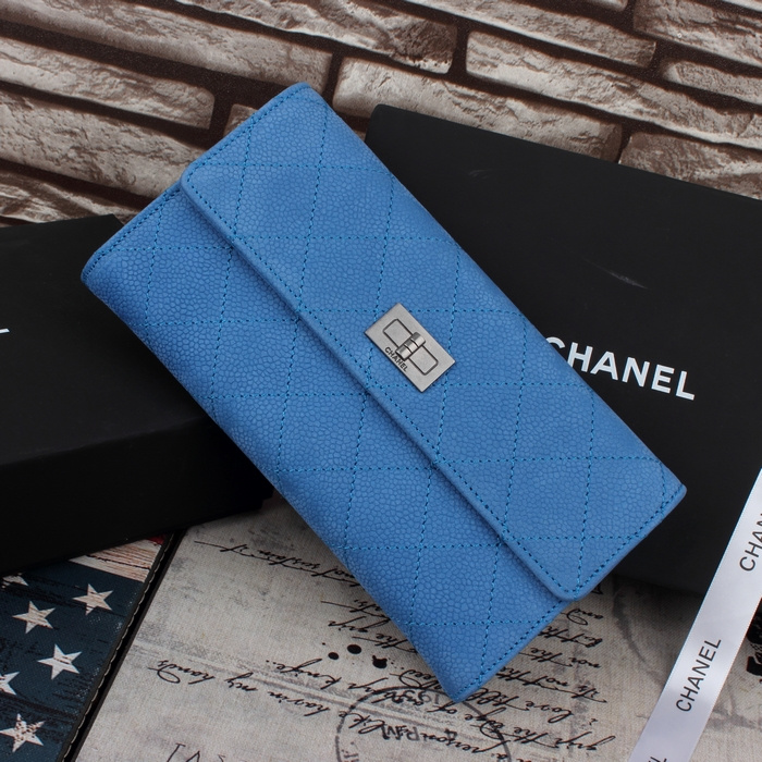 Chanel A2001 Blue Cannage Pattern Nubuck Leather Matelasse Long Wallet Silver