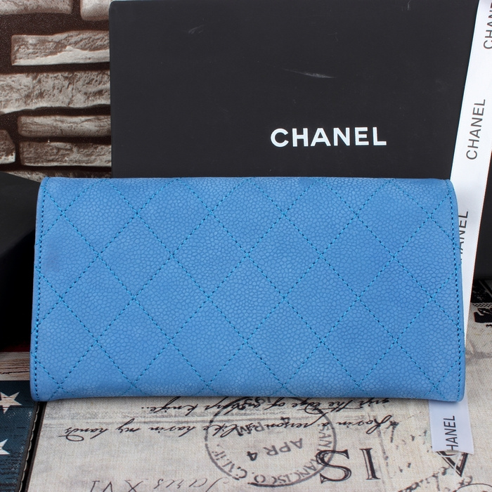 Chanel A2001 Blue Cannage Pattern Nubuck Leather Matelasse Long Wallet Silver