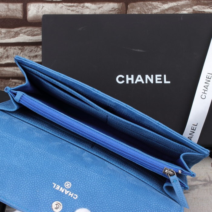 Chanel A2001 Blue Cannage Pattern Nubuck Leather Matelasse Long Wallet Silver