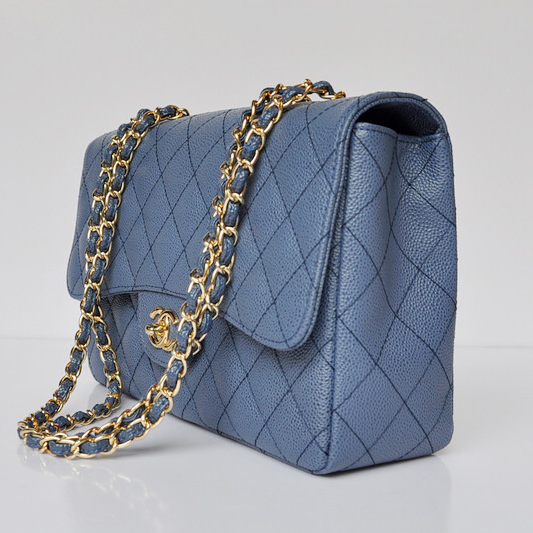 Chanel A28600 Caviar Leather Classic Flap Bag in Blue with Gold