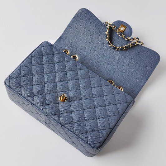 Chanel A28600 Caviar Leather Classic Flap Bag in Blue with Gold