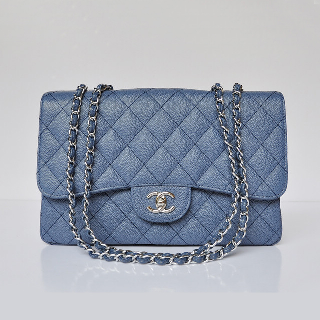 Chanel A28600 Caviar Leather Classic Flap Bag in Blue with Silver