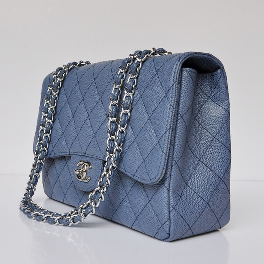 Chanel A28600 Caviar Leather Classic Flap Bag in Blue with Silver